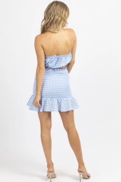 MABLE SKY BLUE GINGHAM SMOCKED SKIRT SET NEW ARRIVALS