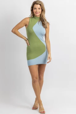 FORE COLLECTION NEW ARRIVALS BLUE + GREEN TWO TONE MOCKNECK MINI DRESS