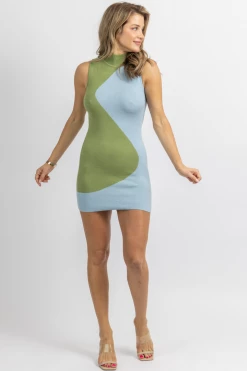 FORE COLLECTION NEW ARRIVALS BLUE + GREEN TWO TONE MOCKNECK MINI DRESS