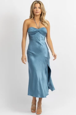 ONE AND ONLY NEW ARRIVALS LAPIS BLUE SATIN STRAPLESS HALTER MIDI DRESS