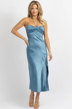 ONE AND ONLY NEW ARRIVALS LAPIS BLUE SATIN STRAPLESS HALTER MIDI DRESS