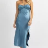 ONE AND ONLY NEW ARRIVALS LAPIS BLUE SATIN STRAPLESS HALTER MIDI DRESS