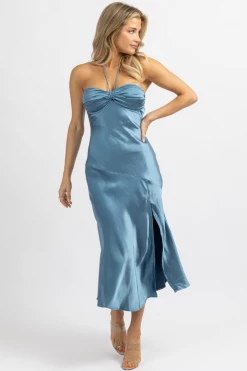 ONE AND ONLY NEW ARRIVALS LAPIS BLUE SATIN STRAPLESS HALTER MIDI DRESS
