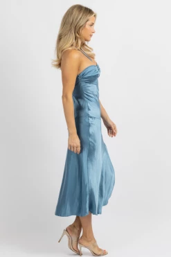 ONE AND ONLY NEW ARRIVALS LAPIS BLUE SATIN STRAPLESS HALTER MIDI DRESS