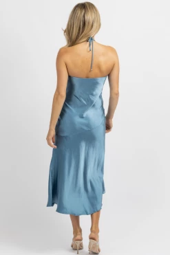 ONE AND ONLY NEW ARRIVALS LAPIS BLUE SATIN STRAPLESS HALTER MIDI DRESS