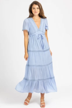POLAGRAM CLOTHING DUSTY BLUE LACE DETAIL MAXI DRESS