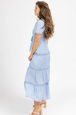 POLAGRAM CLOTHING DUSTY BLUE LACE DETAIL MAXI DRESS