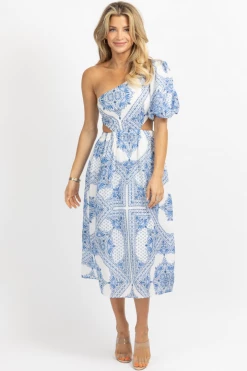 OLIVACEOUS BLUE + IVORY ONE SHOULDER PRINT MIDI DRESS *BACK IN STOCK* 10 OLIVACEOUS BLUE + IVORY ONE SHOULDER PRINT MIDI DRESS *BACK IN STOCK*
