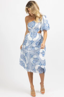 OLIVACEOUS BLUE + IVORY ONE SHOULDER PRINT MIDI DRESS *BACK IN STOCK* 11 OLIVACEOUS BLUE + IVORY ONE SHOULDER PRINT MIDI DRESS *BACK IN STOCK*