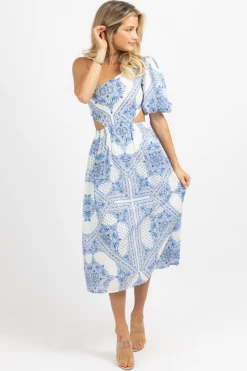 OLIVACEOUS BLUE + IVORY ONE SHOULDER PRINT MIDI DRESS *BACK IN STOCK* 12 OLIVACEOUS BLUE + IVORY ONE SHOULDER PRINT MIDI DRESS *BACK IN STOCK*
