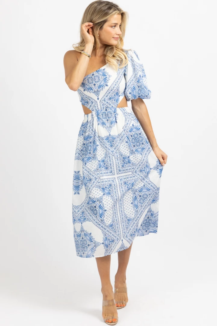 OLIVACEOUS BLUE + IVORY ONE SHOULDER PRINT MIDI DRESS *BACK IN STOCK* 5 OLIVACEOUS BLUE + IVORY ONE SHOULDER PRINT MIDI DRESS *BACK IN STOCK*