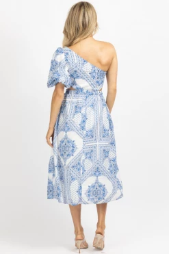 OLIVACEOUS BLUE + IVORY ONE SHOULDER PRINT MIDI DRESS *BACK IN STOCK* 15 OLIVACEOUS BLUE + IVORY ONE SHOULDER PRINT MIDI DRESS *BACK IN STOCK*