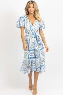 LUXXEL SANTORINI BLUE PRINT WRAP MIDI DRESS *RESTOCK COMING SOON* NEW ARRIVALS