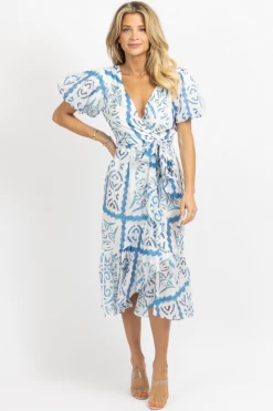 LUXXEL SANTORINI BLUE PRINT WRAP MIDI DRESS *RESTOCK COMING SOON* NEW ARRIVALS