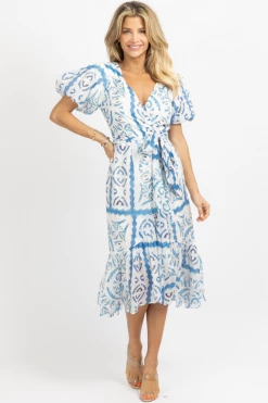 LUXXEL SANTORINI BLUE PRINT WRAP MIDI DRESS *RESTOCK COMING SOON* NEW ARRIVALS