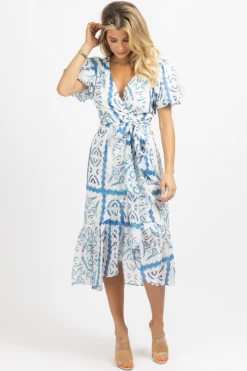 LUXXEL SANTORINI BLUE PRINT WRAP MIDI DRESS *RESTOCK COMING SOON* NEW ARRIVALS