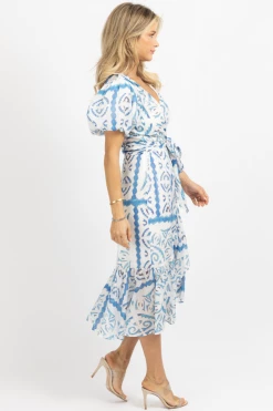 LUXXEL SANTORINI BLUE PRINT WRAP MIDI DRESS *RESTOCK COMING SOON* NEW ARRIVALS