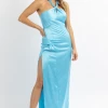 EDIT BY NINE NEW ARRIVALS AURA BLUE SATIN HALTER DRAPE MAXI DRESS