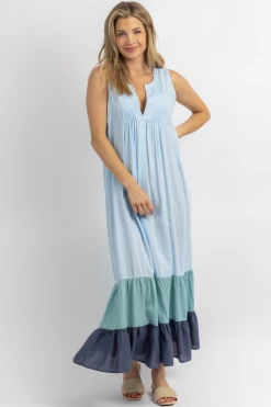 CEZELE NEW ARRIVALS SUMMER BLUE MULTI-RUFFLE MAXI DRESS