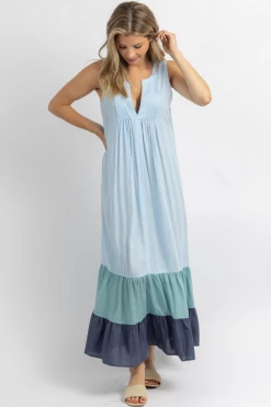 CEZELE NEW ARRIVALS SUMMER BLUE MULTI-RUFFLE MAXI DRESS