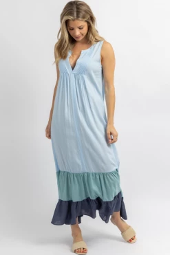 CEZELE NEW ARRIVALS SUMMER BLUE MULTI-RUFFLE MAXI DRESS