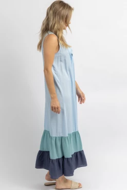 CEZELE NEW ARRIVALS SUMMER BLUE MULTI-RUFFLE MAXI DRESS