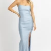 LOVELY DAY NEW ARRIVALS LIGHT BLUE SIDE RUCHED SLIT MAXI DRESS