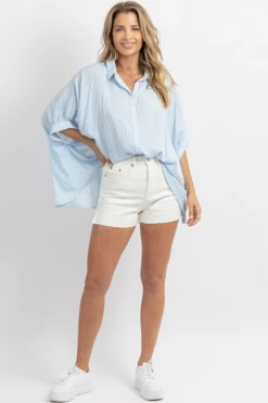 DAY + MOON BLUE SKIES STRIPED SHORT SLEEVE BLOUSE