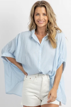 DAY + MOON BLUE SKIES STRIPED SHORT SLEEVE BLOUSE