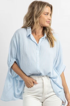 DAY + MOON BLUE SKIES STRIPED SHORT SLEEVE BLOUSE