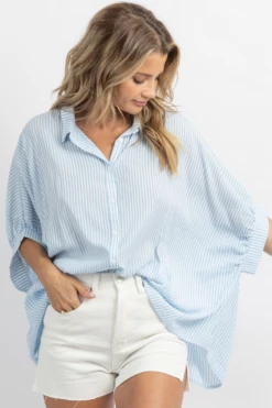 DAY + MOON BLUE SKIES STRIPED SHORT SLEEVE BLOUSE