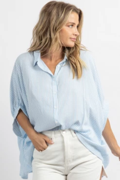 DAY + MOON BLUE SKIES STRIPED SHORT SLEEVE BLOUSE