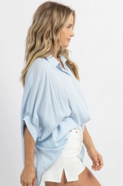 DAY + MOON BLUE SKIES STRIPED SHORT SLEEVE BLOUSE