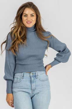 TREND NOTES BLUE STONE PUFF SLEEVE TURTLENECK CLOTHING