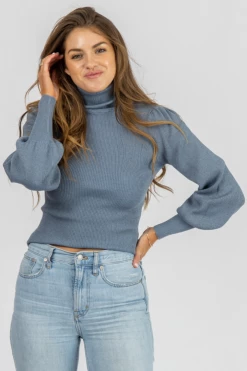 TREND NOTES BLUE STONE PUFF SLEEVE TURTLENECK CLOTHING