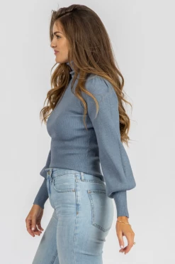 TREND NOTES BLUE STONE PUFF SLEEVE TURTLENECK CLOTHING