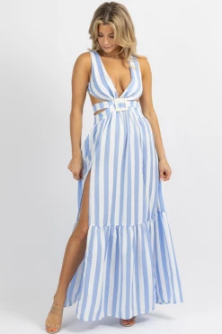LUXXEL NEW ARRIVALS BLUE STRIPED BUCKLE BELT MAXI DRESS *BACK IN STOCK*