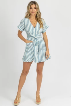 OLIVACEOUS BLUE STRIPED SHORT SLEEVE LINEN MINI DRESS CLOTHING