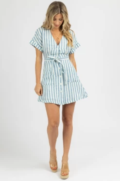 OLIVACEOUS BLUE STRIPED SHORT SLEEVE LINEN MINI DRESS CLOTHING 7 OLIVACEOUS BLUE STRIPED SHORT SLEEVE LINEN MINI DRESS CLOTHING