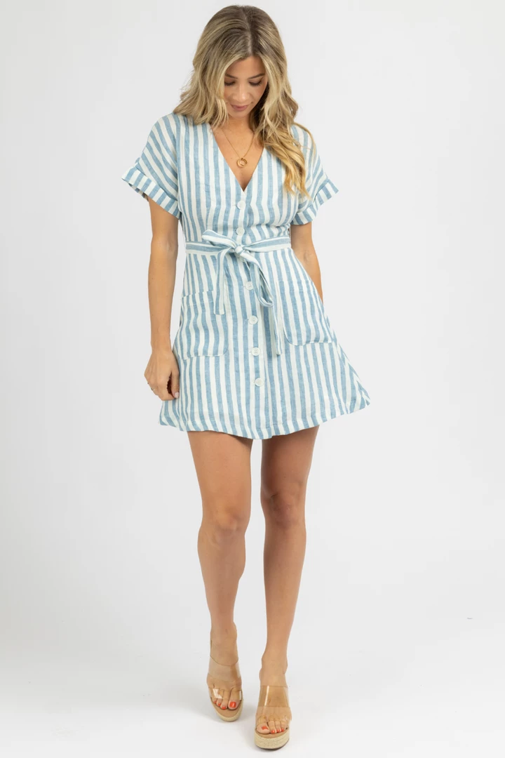 OLIVACEOUS BLUE STRIPED SHORT SLEEVE LINEN MINI DRESS CLOTHING 3 OLIVACEOUS BLUE STRIPED SHORT SLEEVE LINEN MINI DRESS CLOTHING