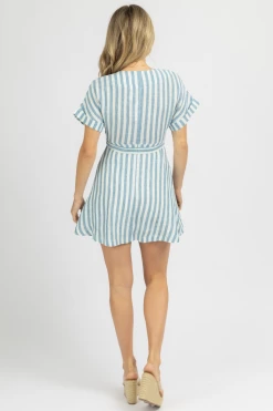 OLIVACEOUS BLUE STRIPED SHORT SLEEVE LINEN MINI DRESS CLOTHING 9 OLIVACEOUS BLUE STRIPED SHORT SLEEVE LINEN MINI DRESS CLOTHING