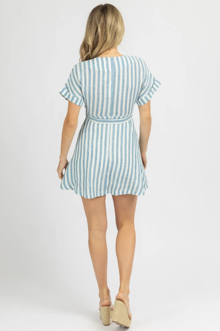 OLIVACEOUS BLUE STRIPED SHORT SLEEVE LINEN MINI DRESS CLOTHING 5 OLIVACEOUS BLUE STRIPED SHORT SLEEVE LINEN MINI DRESS CLOTHING