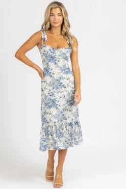 SUNDAY UP BLUE TOILE TIE STRAP MIDI DRESS *BACK IN STOCK*
