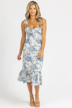 SUNDAY UP BLUE TOILE TIE STRAP MIDI DRESS *BACK IN STOCK*