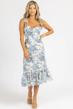 SUNDAY UP BLUE TOILE TIE STRAP MIDI DRESS *BACK IN STOCK*