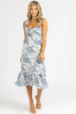 SUNDAY UP BLUE TOILE TIE STRAP MIDI DRESS *BACK IN STOCK*