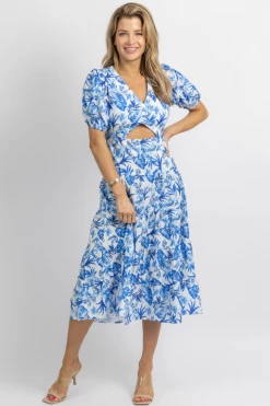 SUNDAY UP BLUE TROPICAL SHORT SLEEVE CUTOUT MIDI DRESS
