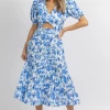 SUNDAY UP BLUE TROPICAL SHORT SLEEVE CUTOUT MIDI DRESS