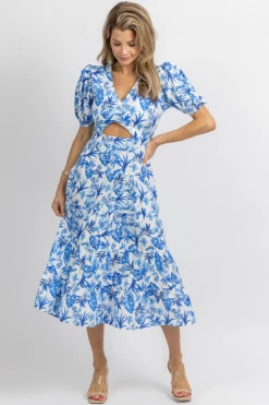 SUNDAY UP BLUE TROPICAL SHORT SLEEVE CUTOUT MIDI DRESS
