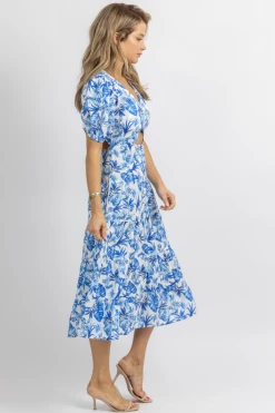 SUNDAY UP BLUE TROPICAL SHORT SLEEVE CUTOUT MIDI DRESS